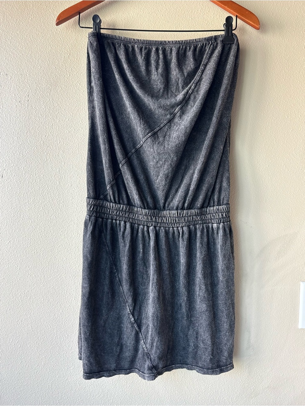 Gypsy 05 Strapless Mini Dress Ruched Waist Soft Knit Boho Gray